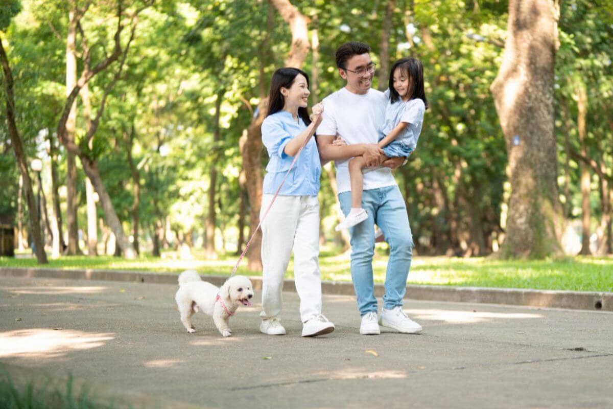 Family of three strolling in the park with their dog, enjoying quality time outdoors in a relaxing environment.