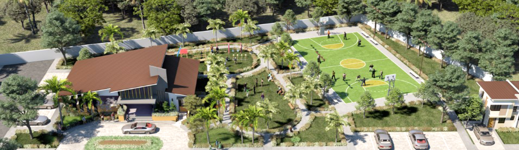 Amenities at Pueblo de Oro Townhomes Carcar featuring a modern clubhouse, basketball court, playground, and landscaped gardens.