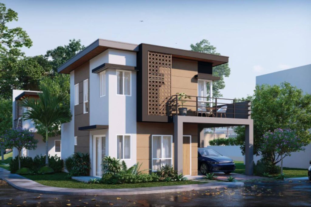 Modern two-storey house with balcony and carport in a master-planned residential community.
