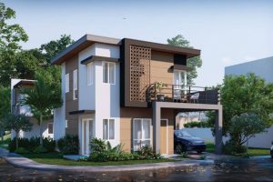 Modern two-storey house with balcony and carport in a master-planned residential community.
