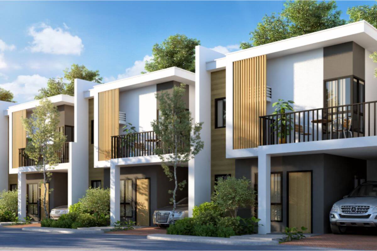 Contemporary townhouse development featuring spacious homes and landscaped surroundings for families.
